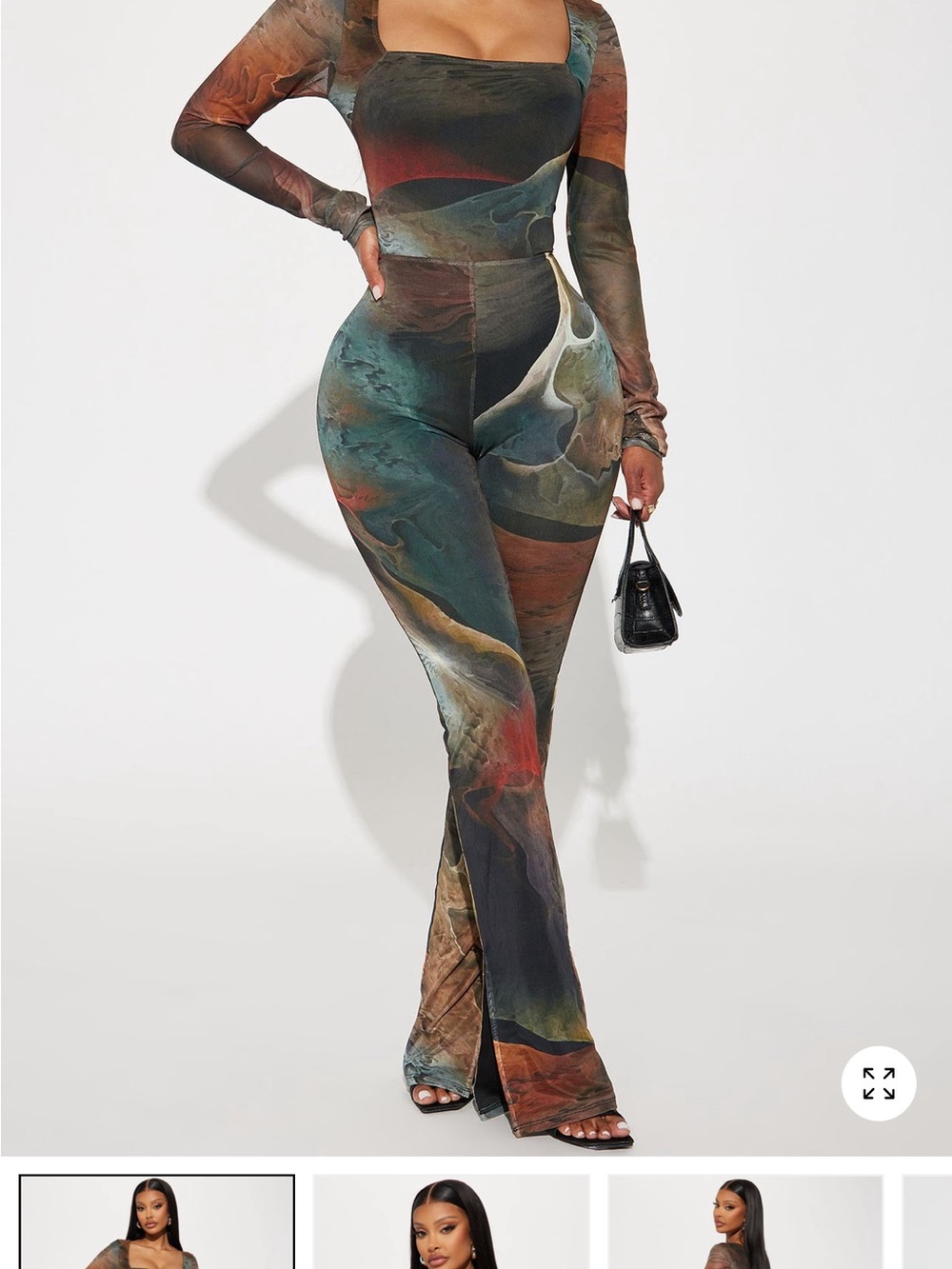 Fashion Nova Multicolor Marble-Print Long-Sleeve Jumpsuit